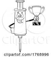 Cartoon Black And White Vaccine Syringe Mascot Holding A Trophy