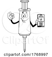Cartoon Black And White Vaccine Syringe Mascot Holding A Passport
