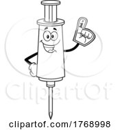 Poster, Art Print Of Cartoon Black And White Vaccine Syringe Mascot Fan Wearing A Foam Finger