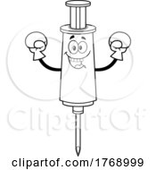 Cartoon Black And White Vaccine Syringe Mascot Wearing Boxing Gloves by Hit Toon