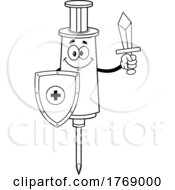 Cartoon Black And White Vaccine Syringe Mascot Holding A Shield And Sword