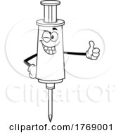 Cartoon Black And White Vaccine Syringe Mascot Giving A Thumb Up