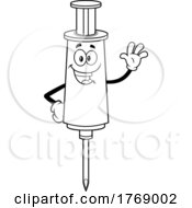 Poster, Art Print Of Cartoon Black And White Vaccine Syringe Mascot Waving