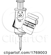 Poster, Art Print Of Cartoon Black And White Vaccine Syringe Mascot Holding A Vial