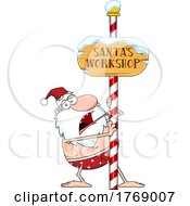 Cartoon Santa In His Underwear At A Workshop Sign