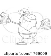 Poster, Art Print Of Cartoon Black And White Drunk Santa Holding Beer Mugs