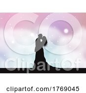 Poster, Art Print Of Silhouette Of A Bride And Groom On A Pastel Cotton Candy Clouds Background