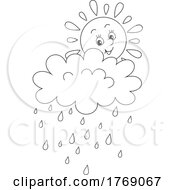 Poster, Art Print Of Cartoon Black And White Cheerful Sun And Rain Cloud
