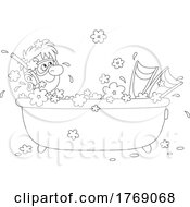 Cartoon Black And White Man Wearing Snorkel Gear In A Bath Tub