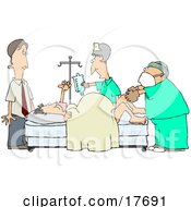 Clipart Illustration Of A Terrified Caucasian Man Standing Near His Wife In A Hospital Bed While She Gives Birth With The Assitance Of A Gynecologist Doctor And Nurse