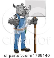 Poster, Art Print Of Rhino Cartoon Mascot Handyman Holding Sign