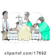 Clipart Illustration Of A Terrified African American Man Standing Near His Wife In A Hospital Bed While She Gives Birth With The Assitance Of A Gynecologist Doctor And Nurse