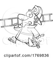 Cartoon Black And White Fireman Carrying A Ladder