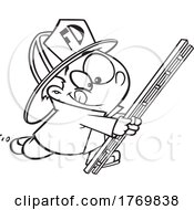Poster, Art Print Of Cartoon Black And White Boy Firefighter With A Ladder