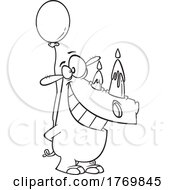 Cartoon Black And White Birthday Rhinoceros With Candle Horns And A Balloon