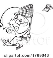 Poster, Art Print Of Cartoon Black And White Boy Chasing Money With A Net