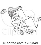 Cartoon Black And White Girl Chasing Money With A Net by toonaday
