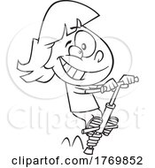 Cartoon Black And White Girl Playing On A Pogo Stick