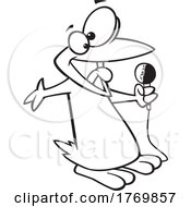 Cartoon Black And White Penguin Singing With A Microphone by toonaday
