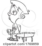 Poster, Art Print Of Cartoon Black And White Boy Sneaking A Text In Class