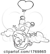 Cartoon Black And White Boy Floating Away With A Heart Balloon