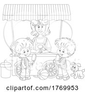 Cartoon Black And White Children With Popsicles At A Food Cart by Alex Bannykh