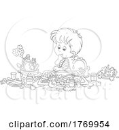 Poster, Art Print Of Cartoon Black And White Boy Looking At Dishes