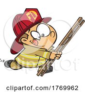 Poster, Art Print Of Cartoon Firefighter Boy Running With A Ladder