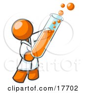 Clipart Illustration Of An Orange Man Scientist Holding A Test Tube Full Of Bubbly Orange Liquid In A Laboratory