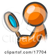 Clipart Illustration Of An Orange Man Inspecting Something Through A Magnifying Glass