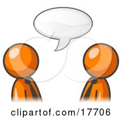Two Orange Businessmen Having A Conversation With A Text Bubble