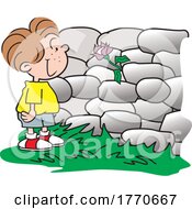 Poster, Art Print Of Cartoon Boy Looking At A Flower Growing From A Stone Wall