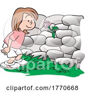 Poster, Art Print Of Cartoon Girl Looking At A Flower Growing From A Stone Wall