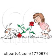 Cartoon Girl And Dog Smelling The Roses