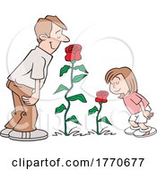 Poster, Art Print Of Cartoon Father And Daughter Smelling The Roses