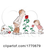 Poster, Art Print Of Cartoon Father And Daughter And Dog Smelling The Roses