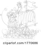 Cartoon Black And White Pirate And Parrot On A Log Raft