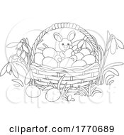 Cartoon Black And White Easter Basket And Snowdrop Flowers