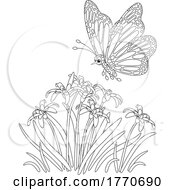 Poster, Art Print Of Cartoon Black And White Butterfly And Spring Flowers