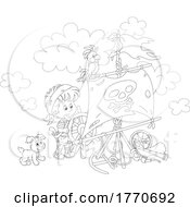Cartoon Black And White Puppy Parrot And Boy Pirate