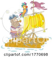 Cartoon Pirate And Parrot On A Log Raft