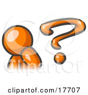 Clipart Illustration Of An Orange Man Rubbing His Chin And Posed By A Question Mark Symbolizing Curiousity Confusion And Uncertainty