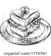 Poster, Art Print Of Cake Sponge Slice Jam Cream Woodcut Drawing