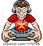 Gamer Playing Video Game Console Pixel Art Cartoon by AtStockIllustration