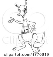 Poster, Art Print Of Cartoon Black And White Presenting Kangaroo With Joey