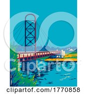 02/15/2022 - Mishawaka Riverwalk Bridge Or St Joe River And Pedestrian Bridge Over St Joseph River Indiana WPA Poster Art