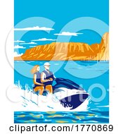Poster, Art Print Of Cedar Bluff State Park With Couple Riding Jet Ski In Cedar Bluff Reservoir In Kansas Usa Wpa Poster Art