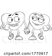 Cartoon Black And White Heart Mascot Character Couple Holding Hands And Walking