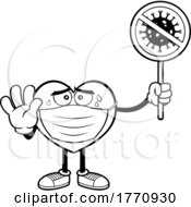 Cartoon Black And White Heart Mascot Character Wearing A Covid Mask And Holding A Sign