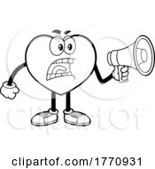 Cartoon Black And White Angry Heart Mascot Character Using A Megaphone